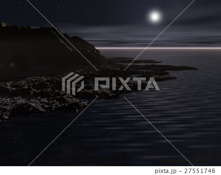 岩礁帯の海 月明りのイラスト素材