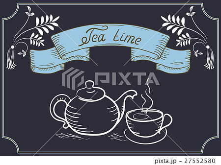 Design signboard for cafe with ribbon and tea cup 27552580