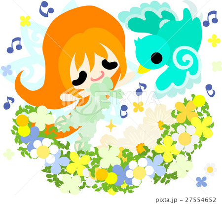 可愛い女の子と不思議な小鳥のイラストのイラスト素材