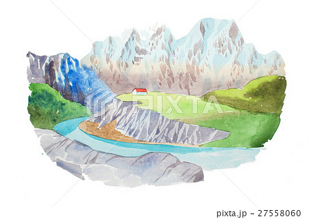 Natural landscape mountains and river watercolor Natural landscape mountains and river watercolor 27558060