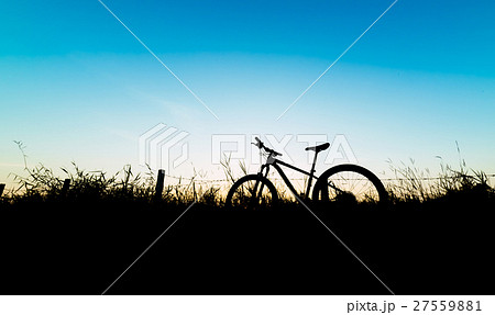 Silhouette mountain bicycle and fields on blue sky Silhouette mountain bicycle and fields on blue sky 27559881