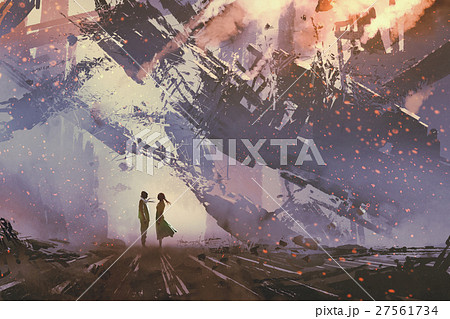 man and woman stands against collapsing buildings 27561734