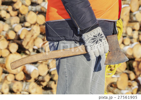 Lumberjack with ax and rope near pile of logs 27561905