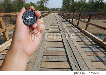 hand of a man holding a compass and wood bridge in the countryside. hand of a man holding a compass and wood bridge in the countryside. 27566139