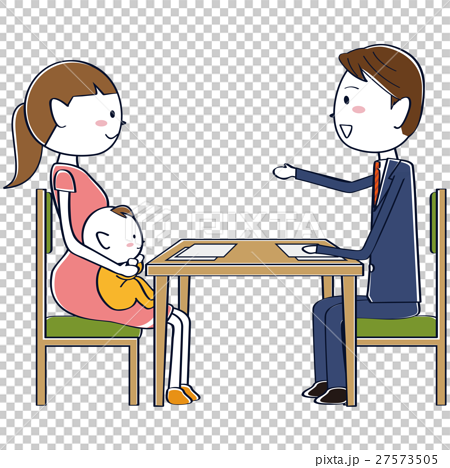 赤ちゃんを抱いた女性に説明するかわいいビジネスマンのイラスト素材