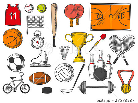 Sport items, balls isolated sketch vector icons 27573537