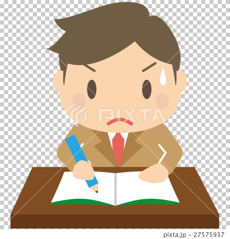 Studying hard with a brown blazer male student desk 27575937