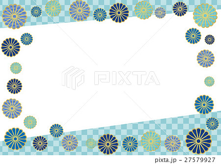 青い和柄菊の和風フレームのイラスト素材