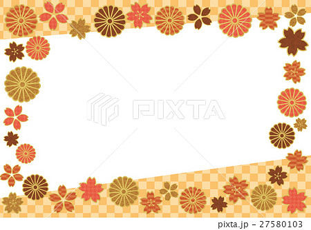 オレンジの和柄の桜と菊の和風フレームのイラスト素材
