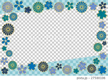 青い和柄の桜と菊の和風フレームのイラスト素材 青い和柄の桜と菊の和風フレームのイラスト素材