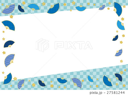青い和柄扇子の和風フレームのイラスト素材