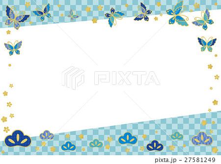 青い和柄の蝶と松の和風フレームのイラスト素材