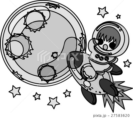 可愛い宇宙飛行士と綺麗な月のイラスト素材 2756