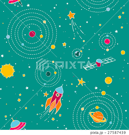 Seamless pattern with UFOs, planets, stars and Seamless pattern with UFOs, planets, stars and 27587439