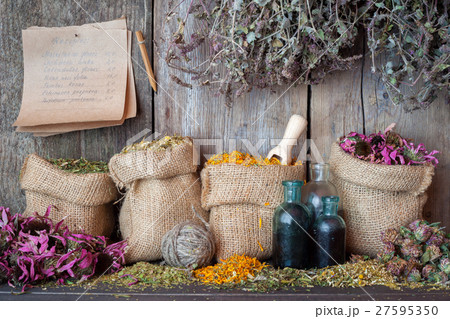 Healing herbs in hessian bags near wooden wall 27595350
