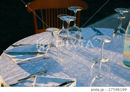 Wineglsses stand upside down on round table  27596199