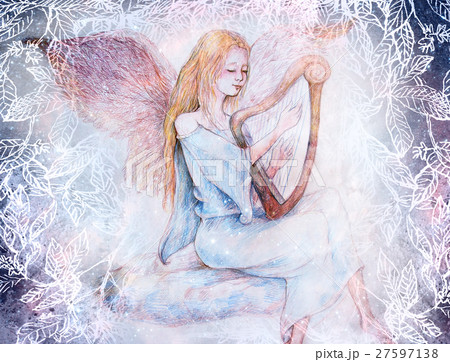 Beautiful Gentle Angel Playing Harp Sitting Onのイラスト素材