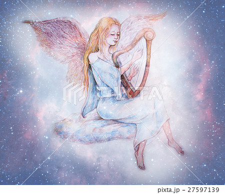 Beautiful Gentle Angel Playing Harp Sitting Onのイラスト素材