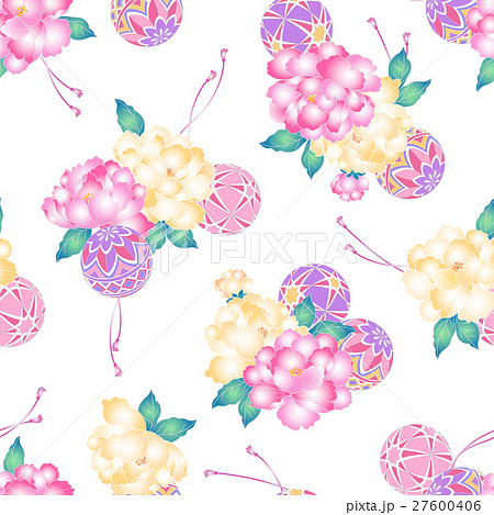 和調 牡丹と毬柄のイラスト素材