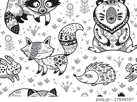 Woodland animals seamless pattern in monochrome Woodland animals seamless pattern in monochrome 27609767
