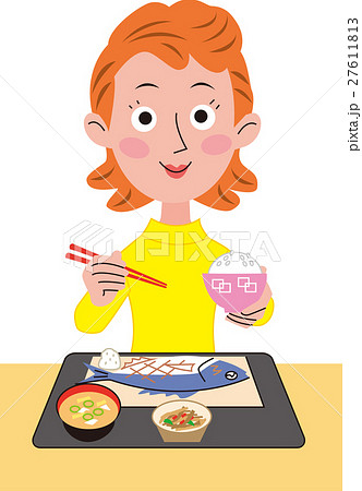 女性の食事 魚定食のイラスト素材