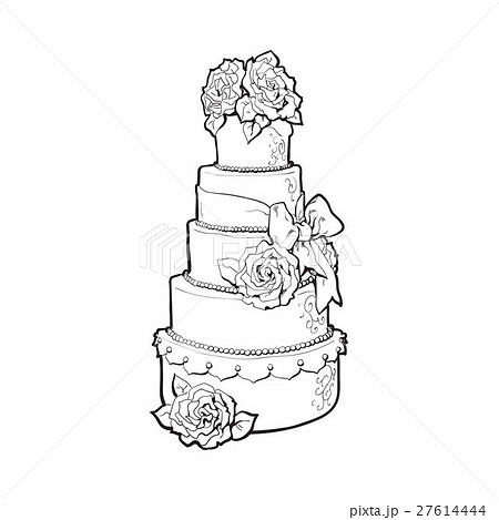 Traditional White Tiered Wedding Cake Decoratedのイラスト素材