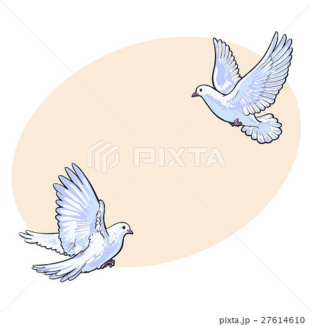 Two Free Flying White Doves Isolated Sketch Styleのイラスト素材