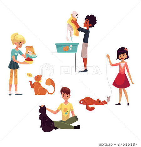 Happy kids feeding, washing, stroking a cat Happy kids feeding, washing, stroking a cat 27616187