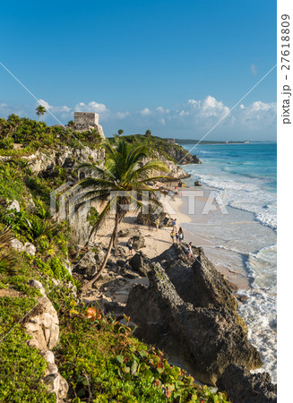 White sand beach and ruins of Tulum, Mexico 27618809