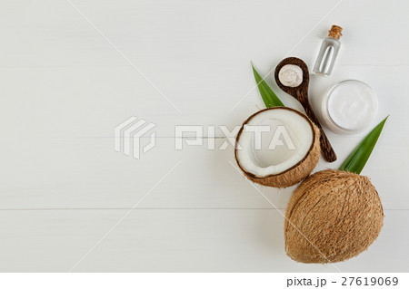 Homemade coconut products on white wooden table ba 27619069