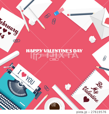 Flat background with typewriter. Love, hearts 27619576