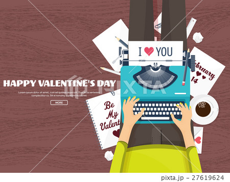 Flat background with typewriter. Love, hearts 27619624
