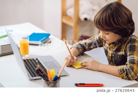Clever boy writing notes with pensil. 27620643