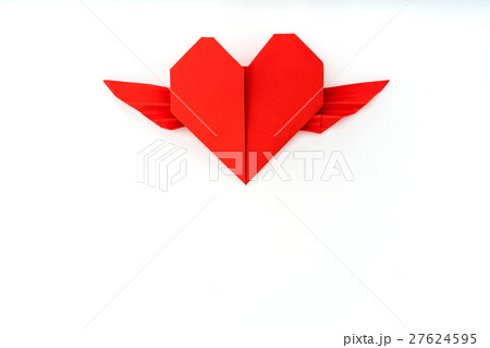 Red paper origami heart with wings on white background . 27624595