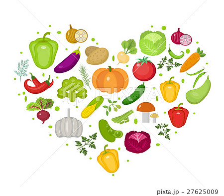 Vegetables icon set in heart shape. Flat style 27625009