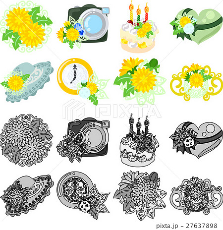カメラとケーキとハートと帽子と時計とティアラなどの 可愛いたんぽぽのアイコンいろいろのイラスト素材