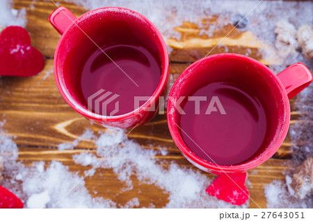 Cups with tea on a tray, Valentine's day 27643051