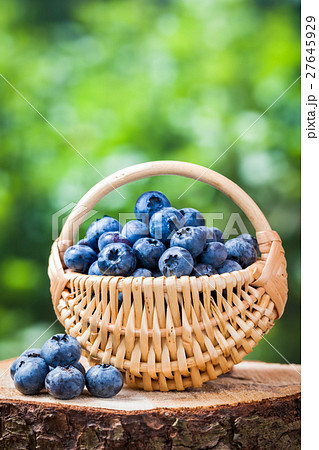 Basket with fresh ripe blueberries on wooden stump 27645929