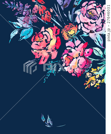 Red watercolor roses - flowers, twigs, leaves 27646031
