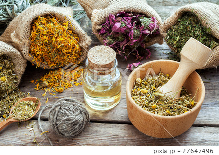 Healing herbs, mortar of chamomile, essential oil 27647496