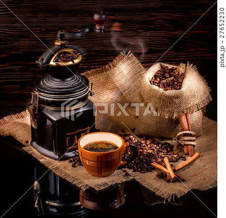 Cup of coffee, beans, manual mill on sacking 27652230