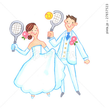 テニスをするウェディング姿のカップルのイラスト素材
