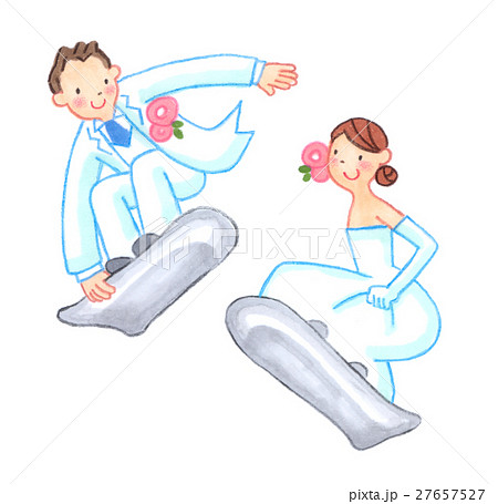 スノーボードをするウェディング姿のカップルのイラスト素材