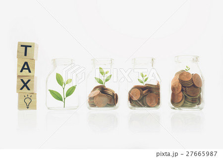 tax message on wood block, stacking gold coins. tax message on wood block, stacking gold coins. 27665987