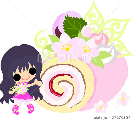 可愛い女の子と桜のロールケーキのイラスト素材