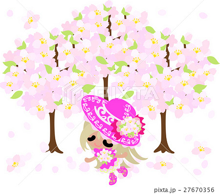 可愛い女の子と美しい桜の木のイラスト素材
