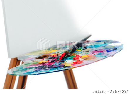 Tools of the artist. Brushes, wooden easel tripod Tools of the artist. Brushes, wooden easel tripod 27672054