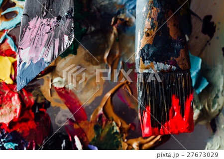 Art brush mixed paint on the palette. Tools of the 27673029
