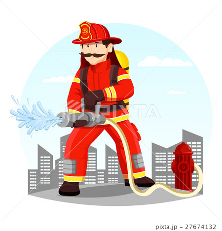 Firefighter in uniform spraying water with hose Firefighter in uniform spraying water with hose 27674132