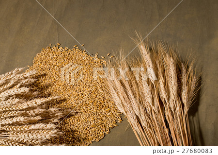 sheaf of wheat and barley on the brown desk 27680083